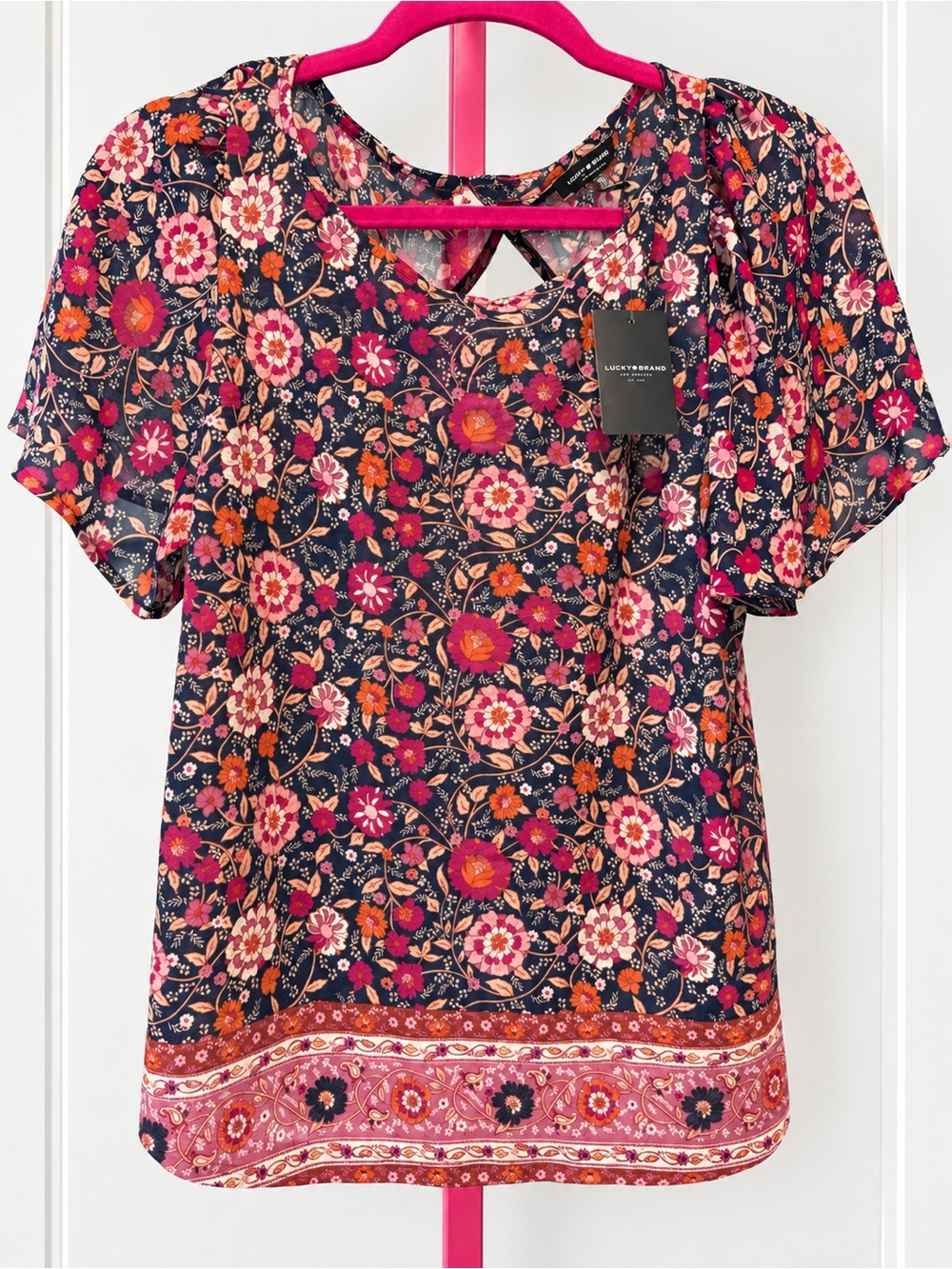 Lucky Brand Floral Flowy Blouse NWT Size Small Boho Flutter Sleeve Top